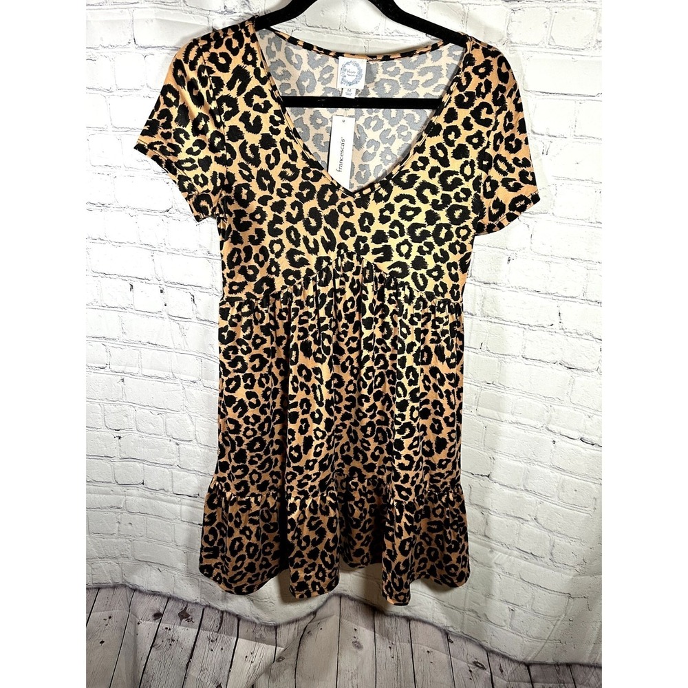 Blue Rain Francescas Leopard Print Babydoll Dress V-Neck Tiered Womens M NEW